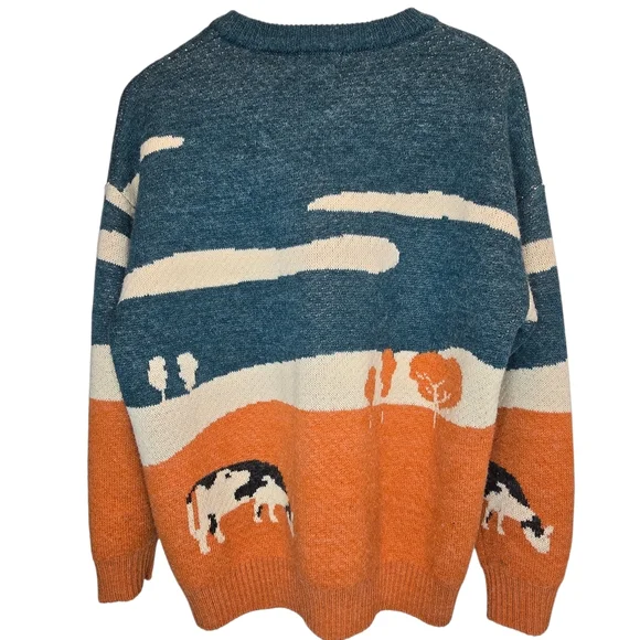 Aelfric Eden Scenic Crewneck Sweater in Blue, Cream & Orange Size M - Picture 3 of 11